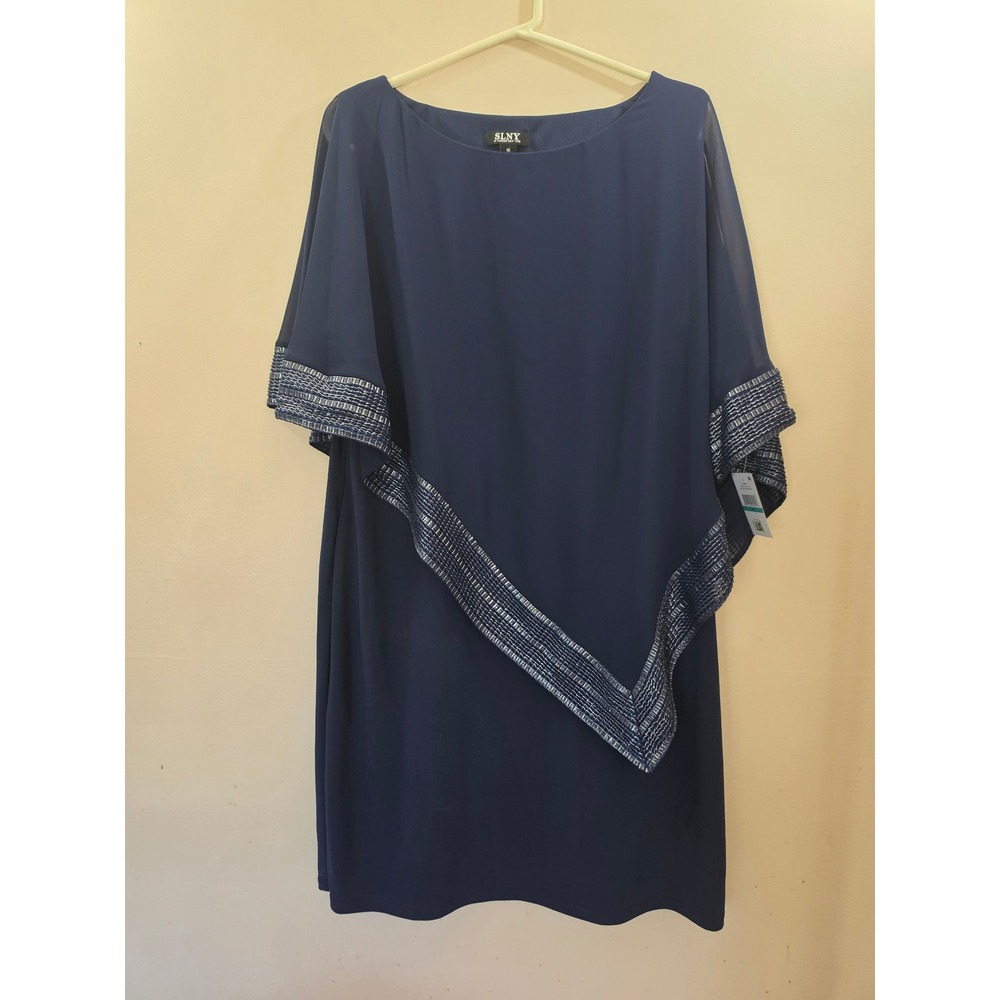 NWT SLNY Foil Trim Asymmetrical Popover Cape Dress Navy Blue Size 16